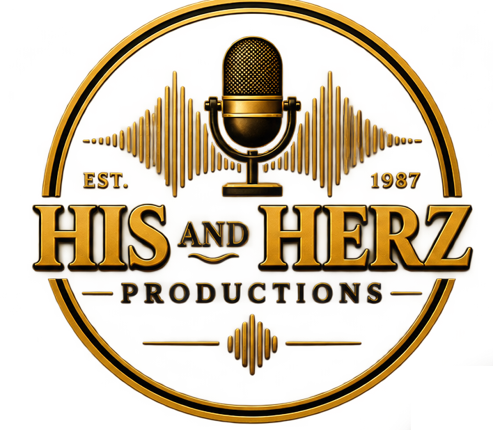 Gold vintage microphone and soundwave emblem for His and Herz Productions, established 1987